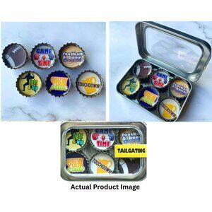 Football-Themed Bottle Cap Magnets In Tin Case